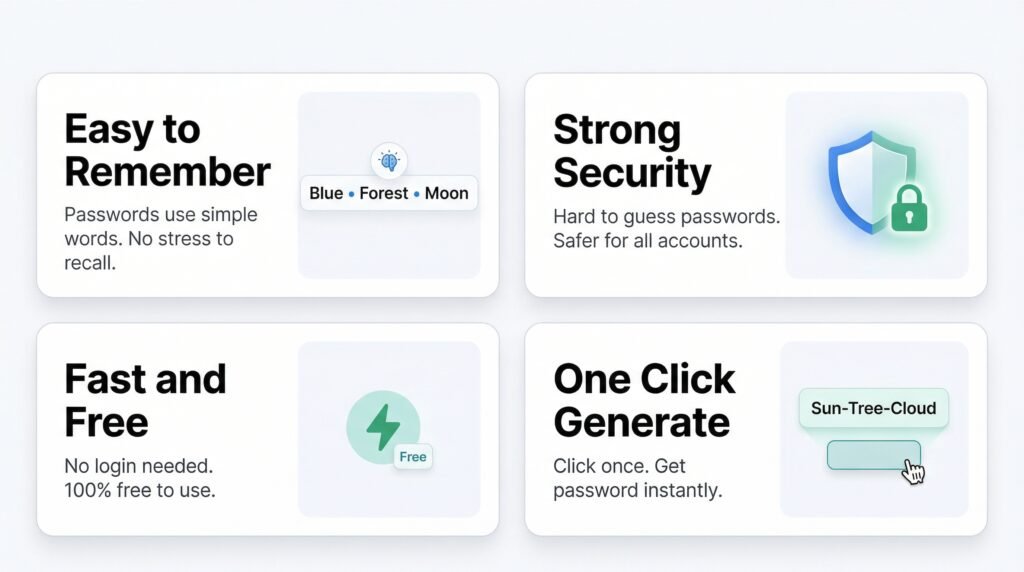 Four cards highlight password features: "Easy to Remember" with simple words; "Strong Security" with a shield icon; "Fast and Free" with a lightning bolt; "One Click Generate" with a mouse pointer.