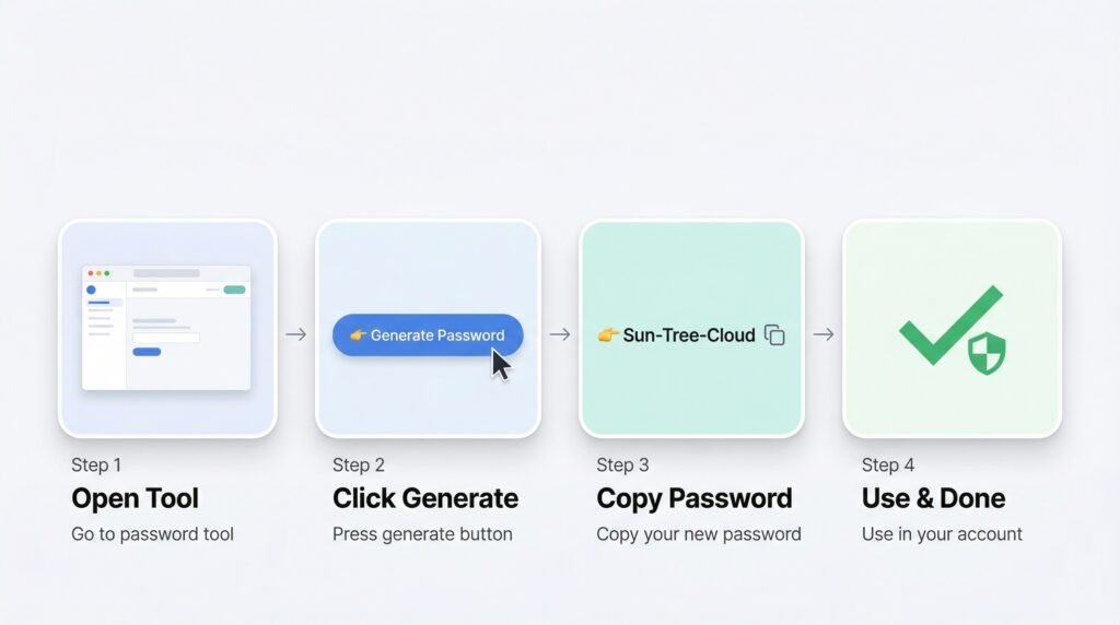 Flowchart showing four steps for generating a password: Step 1, Open Tool; Step 2, Click Generate; Step 3, Copy Password; Step 4, Use & Done.